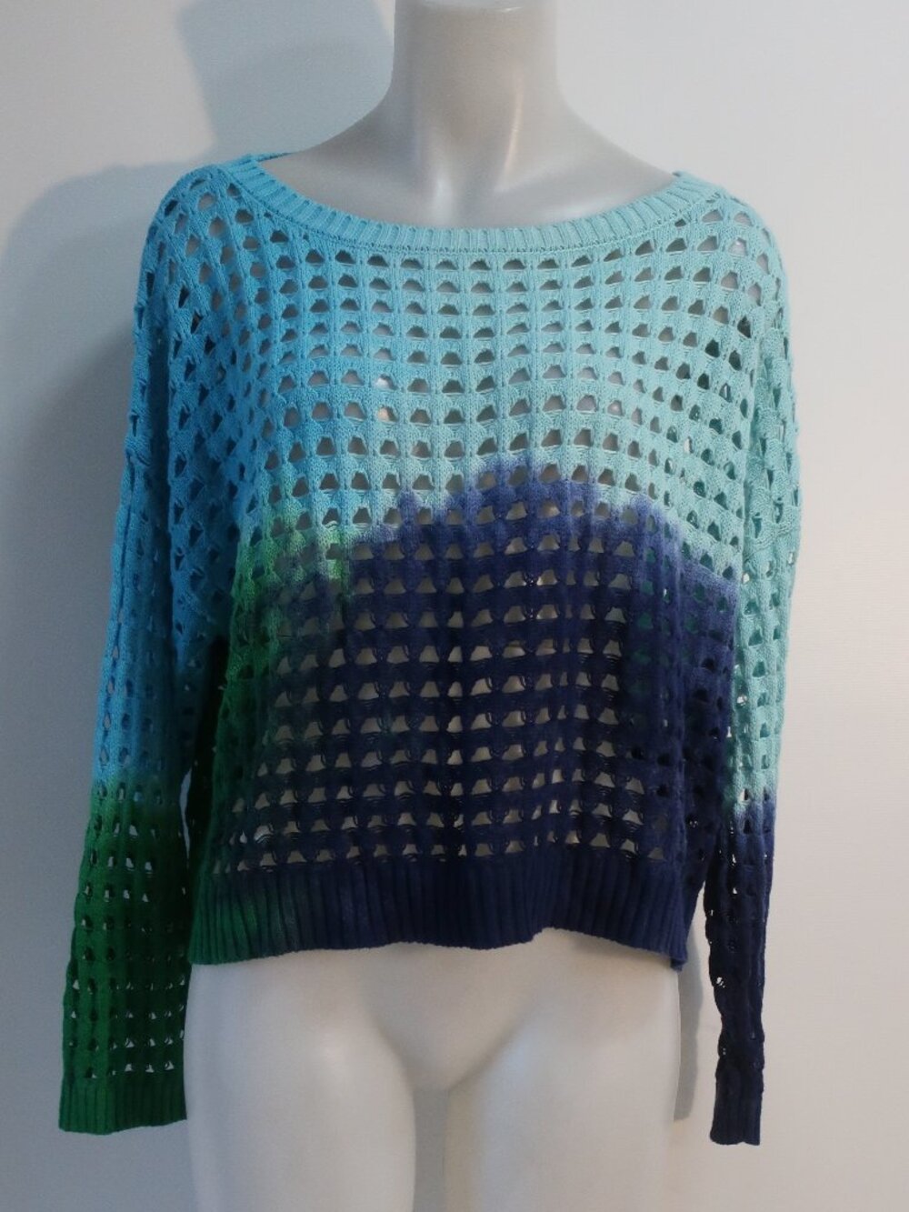 Womens Wispr (Item- 103) Blue Green Open Knit Pointelle Silk Blend Sweater S